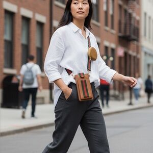 Stylish Brown Crossbody Touch Screen Phone Bag Coin Case & Green/Red Strap NWT